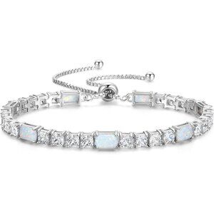 Birthstone Sterling Silver 4x6mm Gemstone Tennis Bracelet - 10-Opal